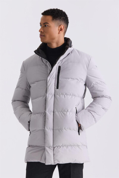 Stone Regular Fit Mandarin Collar Zippered Winter Puffer Jacket - 1