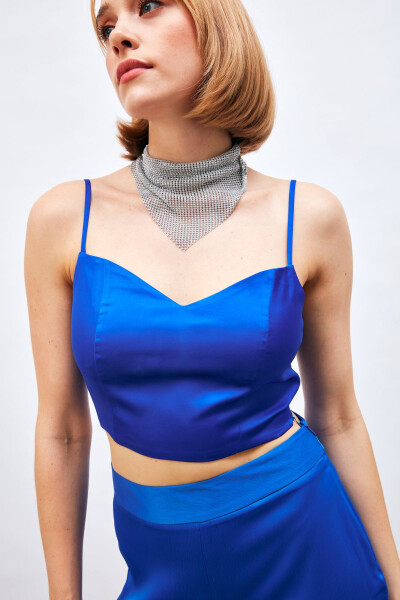 Strapless Satin Crop Top - SAX BLUE - 2