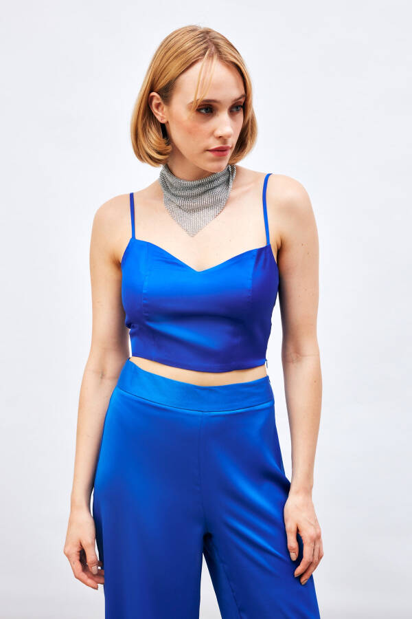 Strapless Satin Crop Top - SAX BLUE - 6