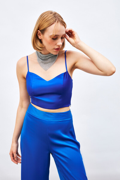 Strapless Satin Crop Top - SAX BLUE - 8