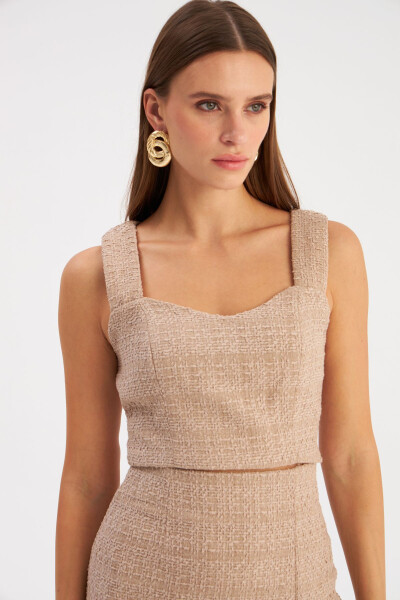 Strapless Tweed Crop Blouse - Beige - 1