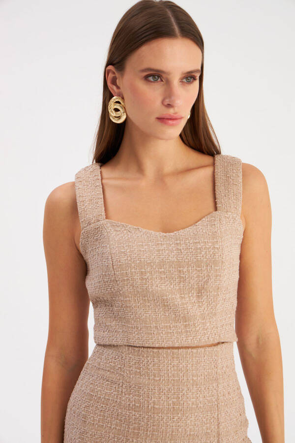 Strapless Tweed Crop Blouse - Beige - 1