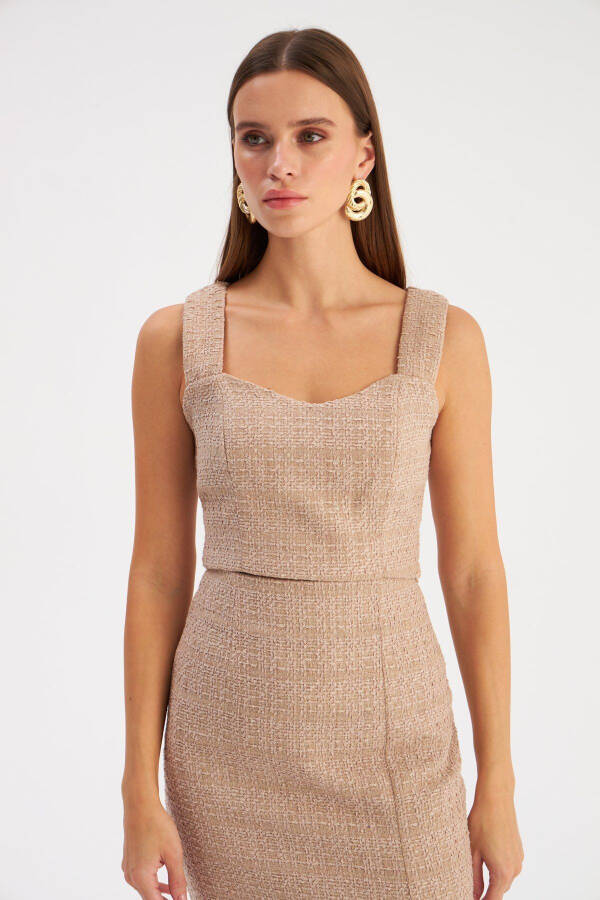 Strapless Tweed Crop Blouse - Beige - 3