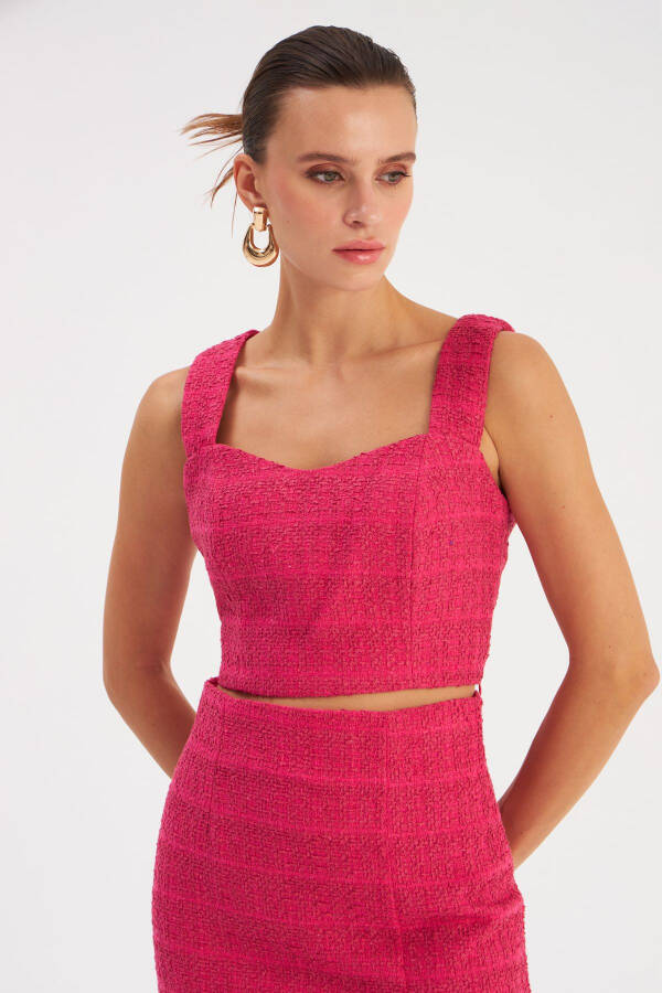 Strapless Tweed Crop Blouse - Fuchsia - 1