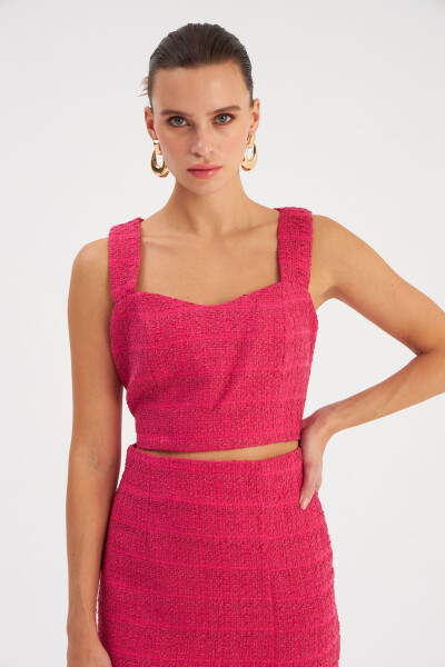 Strapless Tweed Crop Blouse - Fuchsia - 4