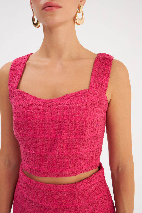 Strapless Tweed Crop Blouse - Fuchsia - 5