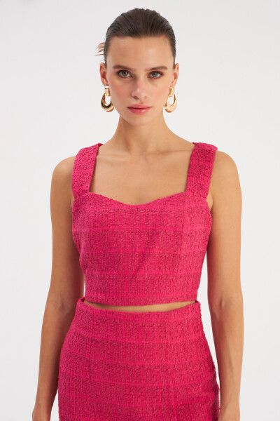 Strapless Tweed Crop Blouse - Fuchsia - 8