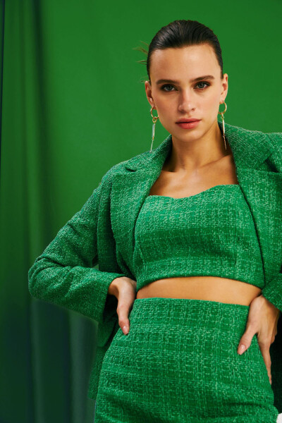 Strapless Tweed Crop Blouse - K.green - 1