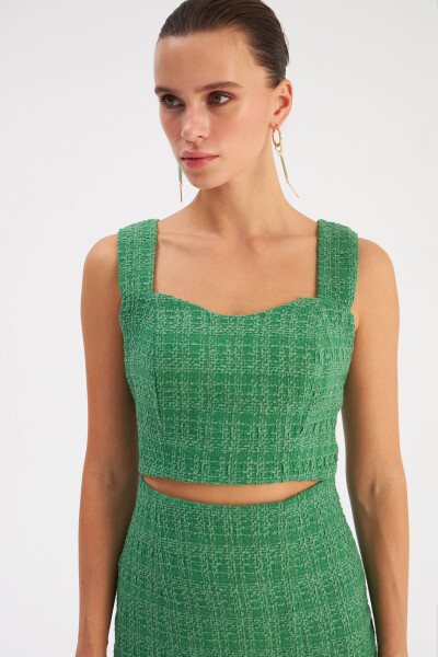 Strapless Tweed Crop Blouse - K.green - 2