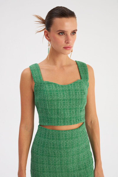 Strapless Tweed Crop Blouse - K.green - 3