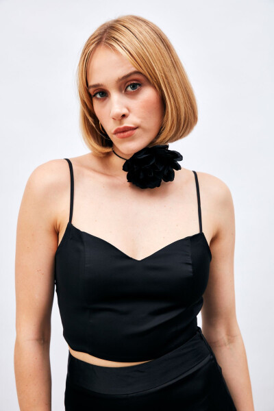 Strappy Satin Crop Top - BLACK - 4