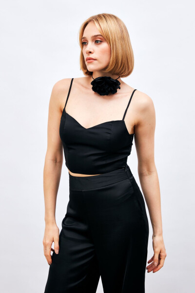 Strappy Satin Crop Top - BLACK - 5