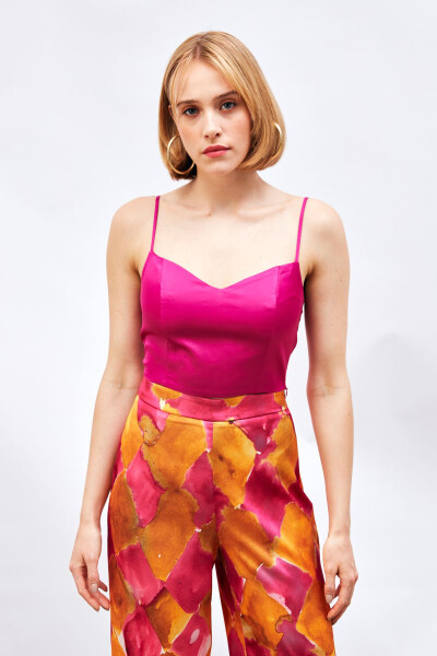 Strappy Satin Crop Top - FUCHSIA - 1