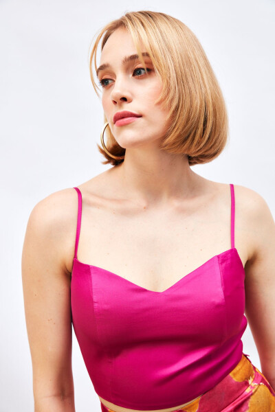 Strappy Satin Crop Top - FUCHSIA - 5