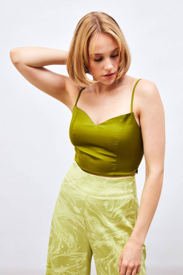 Strappy Satin Crop Top - OLIVE GREEN - 2