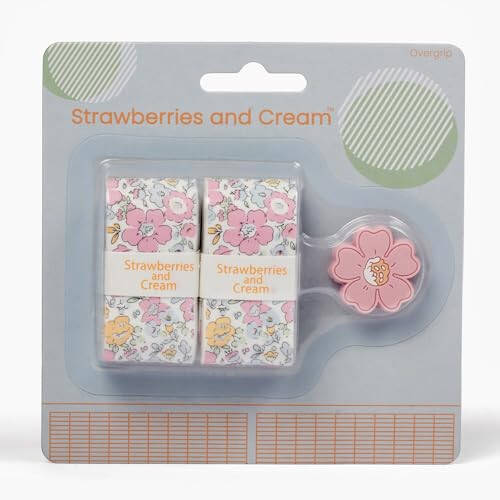 Strawberries and Cream Tennis Tape, Tacky Texture & Matching Dampener, 2 Overgrips & 1 Dampener Set for Tennis Racket, Tennis Tape Pink, Purple, Turquoise, Orange, Blue - 1