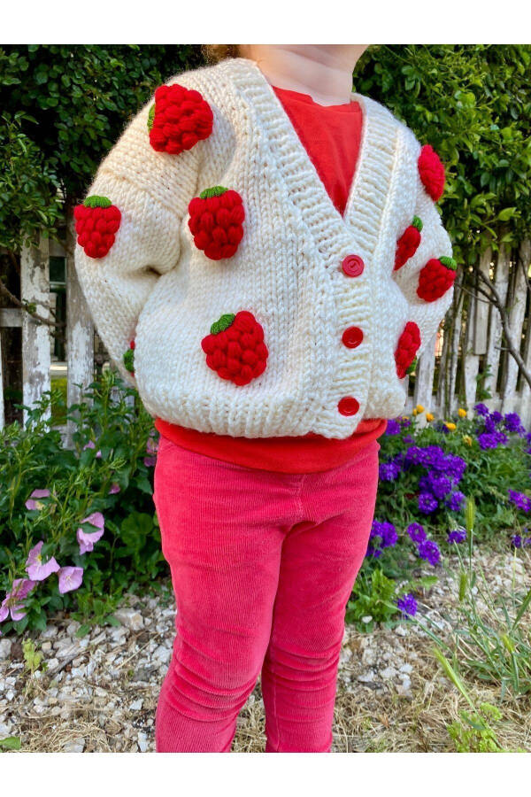 Strawberry Detailed Hand Knitted Girls Cardigan - 27