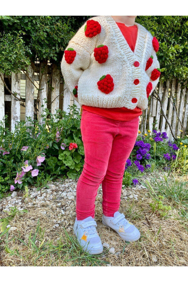 Strawberry Detailed Hand Knitted Girls Cardigan - 28