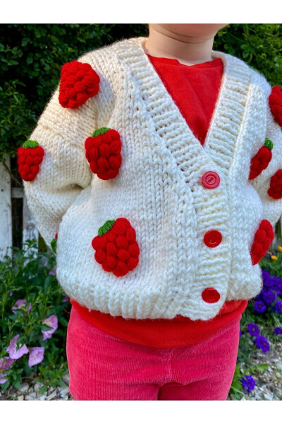 Strawberry Detailed Hand Knitted Girls Cardigan - 29