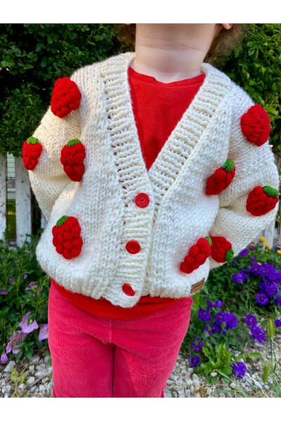 Strawberry Detailed Hand Knitted Girls Cardigan - 20