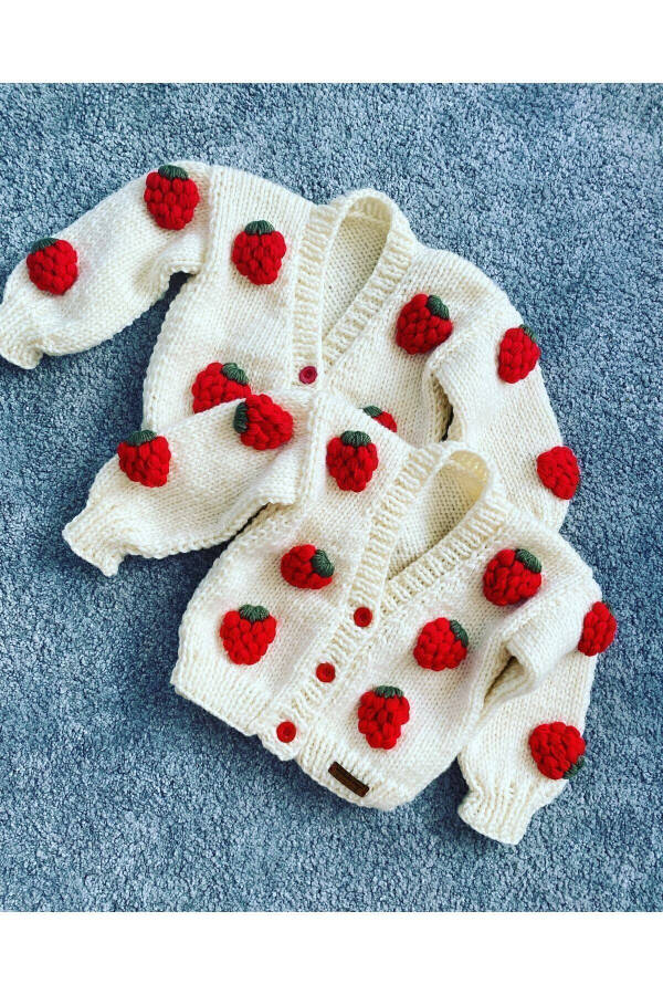 Strawberry Detailed Hand Knitted Girls Cardigan - 1