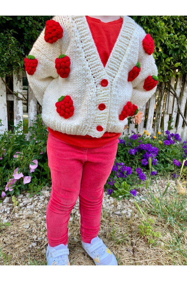 Strawberry Detailed Hand Knitted Girls Cardigan - 6