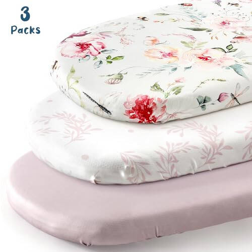 Stretch Ultra Soft Fitted Bassinet Sheet Set 3 Pack, Universal Fit for Bassinets Baby Cradle Moses Basket Oval Rectangle Mattress Safe and Snug, Beautiful Flowers and Insects Pattern for Baby Girls - 44