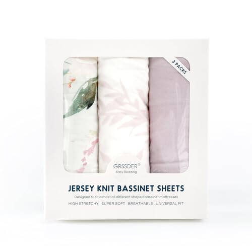 Stretch Ultra Soft Fitted Bassinet Sheet Set 3 Pack, Universal Fit for Bassinets Baby Cradle Moses Basket Oval Rectangle Mattress Safe and Snug, Beautiful Flowers and Insects Pattern for Baby Girls - 41