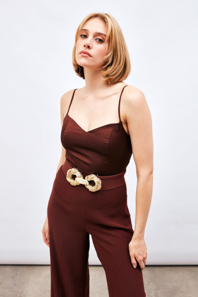 String Strap Satin Crop Top - BROWN - 1