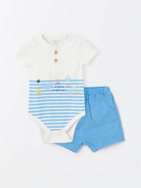 Striped Baby Boy Bodysuit and Shorts Set with Bike Collar, Short Sleeves and Snaps, 2-Piece - 1