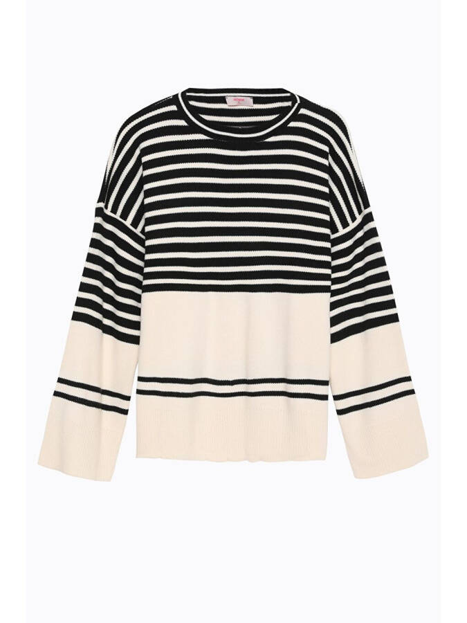 Striped Detail Crew Neck Sweater Cream-Black - 2