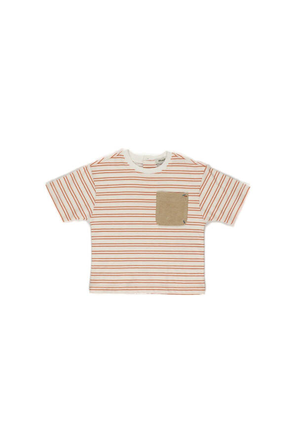 Striped Ecru T-Shirt with Pocket Detail for Baby Boy - 4