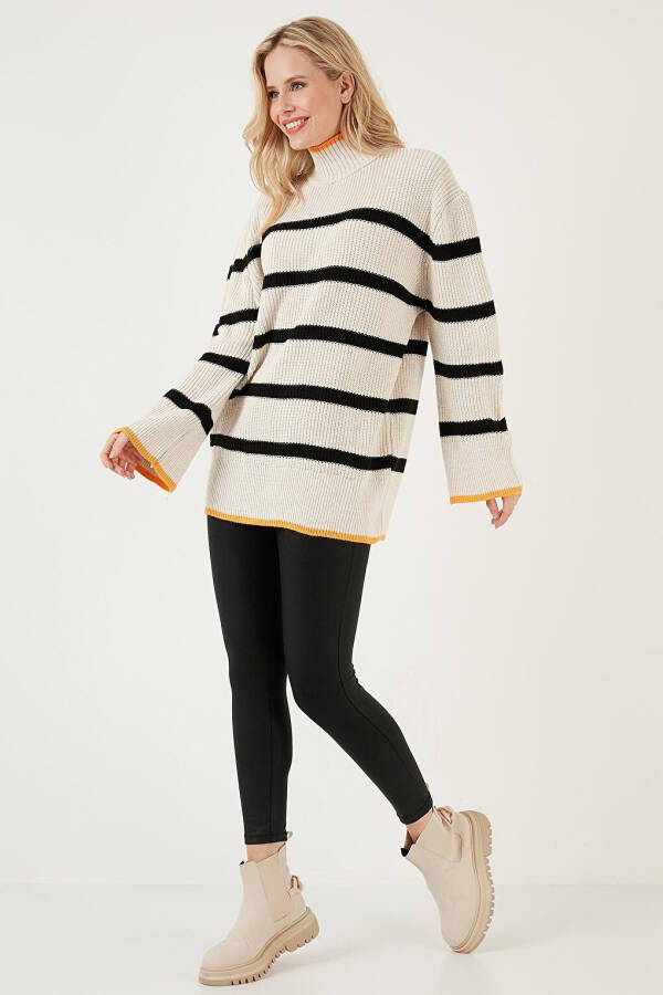 Striped Fisherman Neck Wide Sleeve Knit Sweater 4615144 - 8