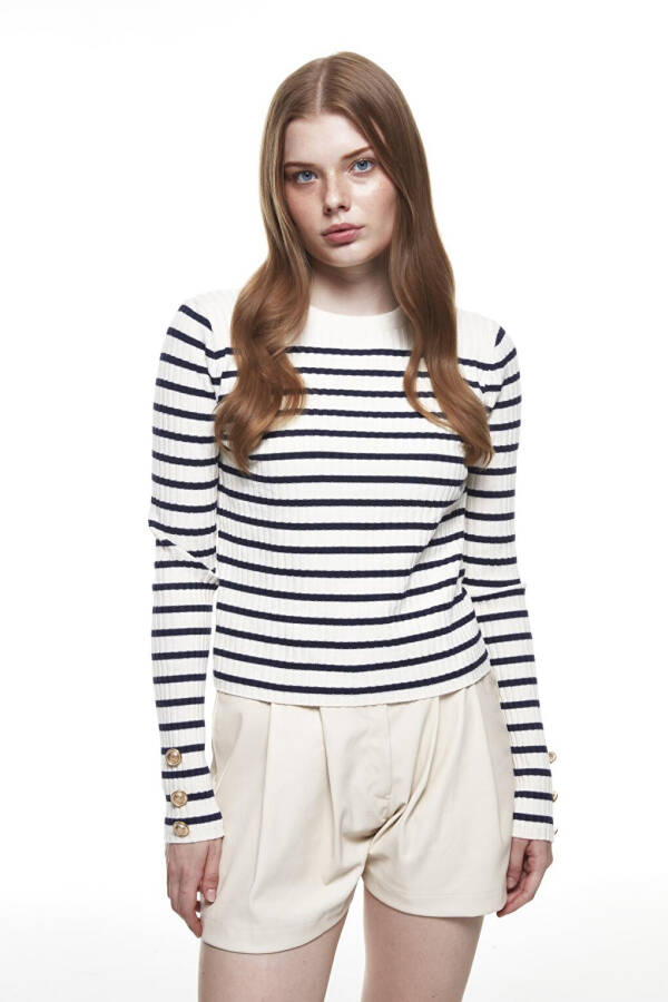 Striped Knit Sweater with Button Detail on the Sleeves Navy Blue - 11