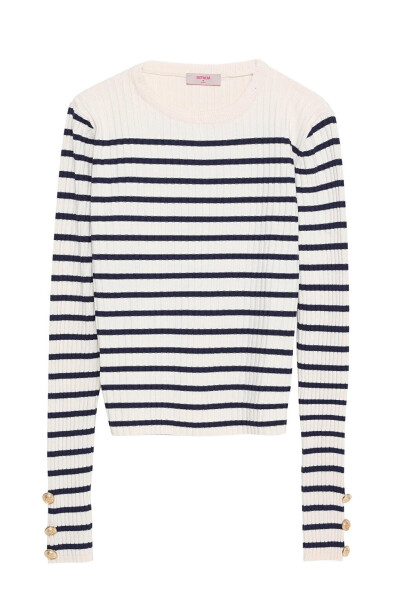 Striped Knit Sweater with Button Detail on the Sleeves Navy Blue - 12