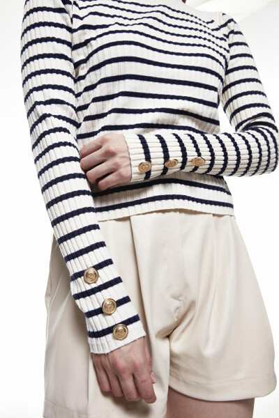 Striped Knit Sweater with Button Detail on the Sleeves Navy Blue - 14