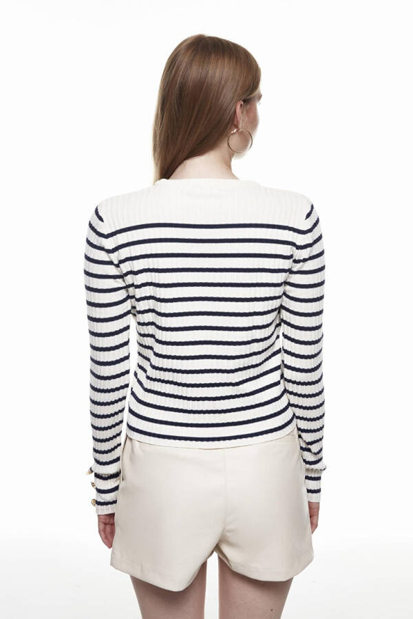 Striped Knit Sweater with Button Detail on the Sleeves Navy Blue - 15