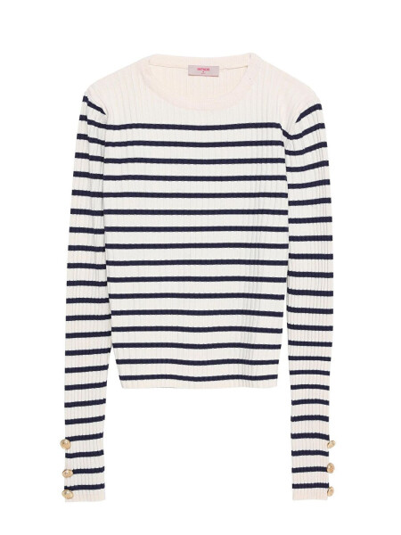 Striped Knit Sweater with Button Detail on the Sleeves Navy Blue - 7