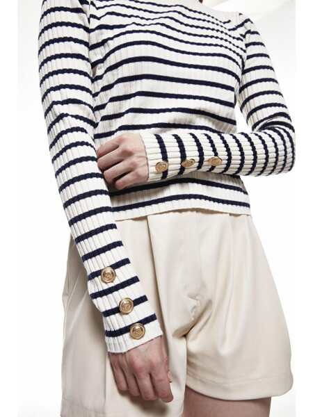 Striped Knit Sweater with Button Detail on the Sleeves Navy Blue - 9