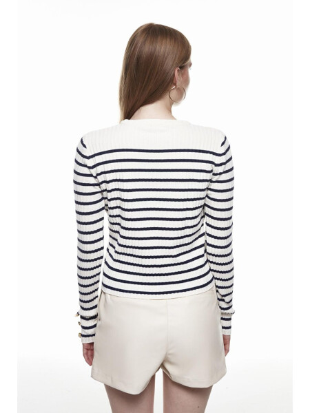 Striped Knit Sweater with Button Detail on the Sleeves Navy Blue - 10