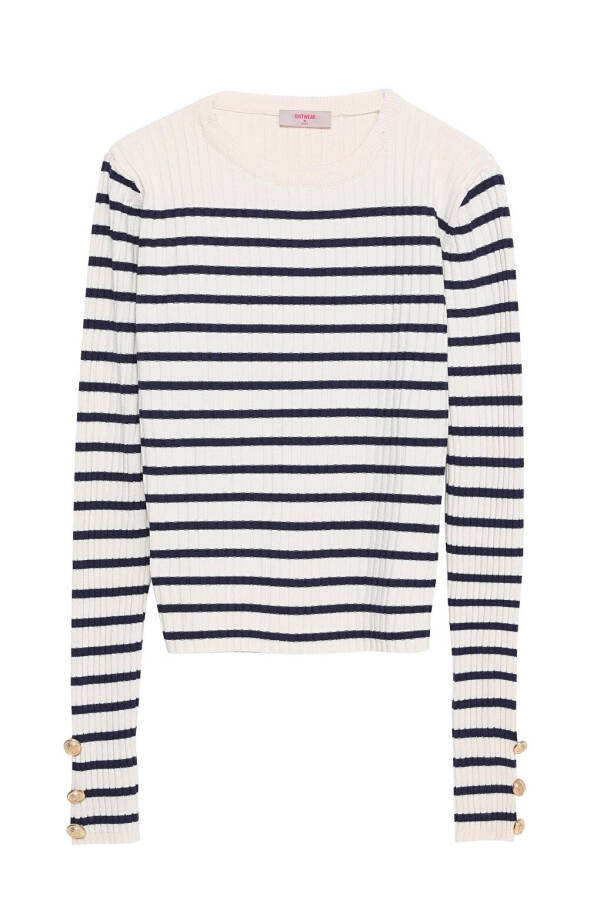 Striped Knit Sweater with Button Detail on the Sleeves Navy Blue - 17