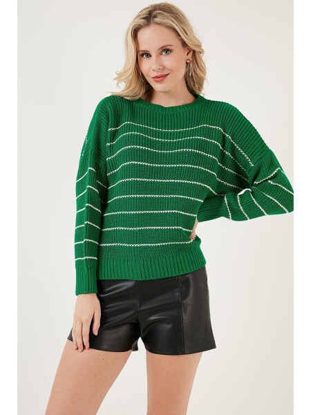 Striped Long Back Bike Neck Knit Sweater 4616133 - 1