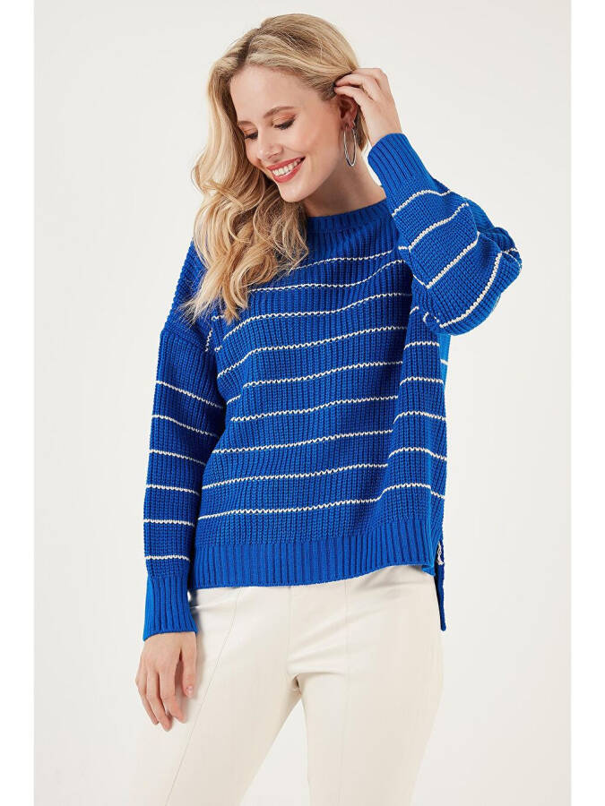 Striped Long Back Bike Neck Knit Sweater 4616133 - 1