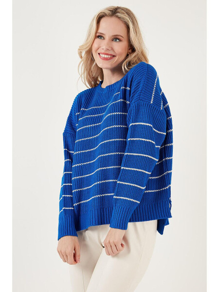 Striped Long Back Bike Neck Knit Sweater 4616133 - 2