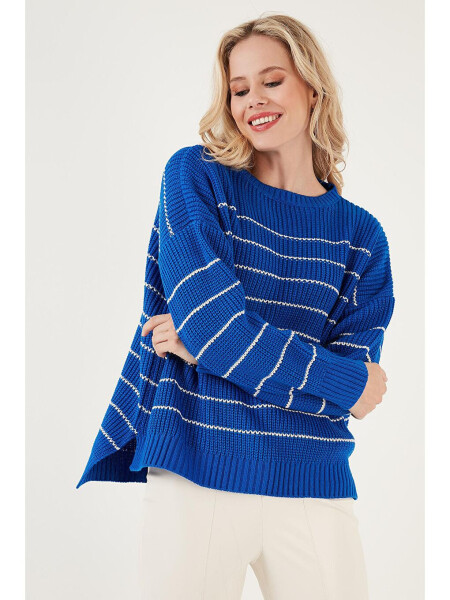 Striped Long Back Bike Neck Knit Sweater 4616133 - 3