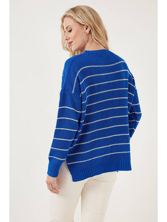 Striped Long Back Bike Neck Knit Sweater 4616133 - 5