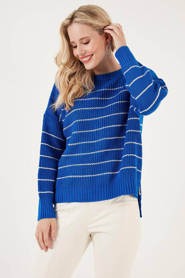 Striped Long Back Bike Neck Knit Sweater 4616133 - 6