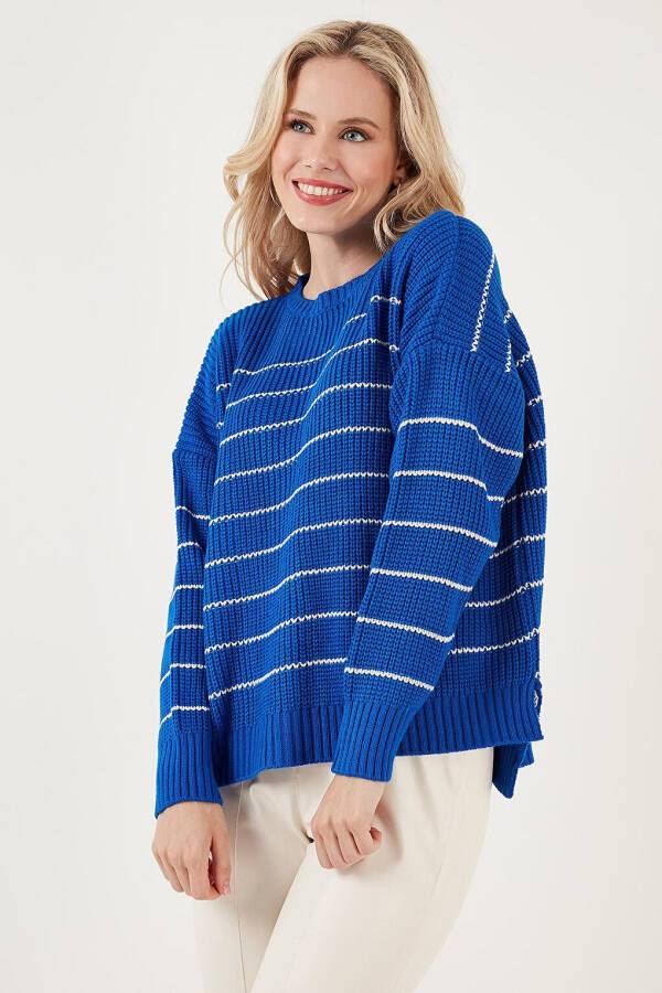 Striped Long Back Bike Neck Knit Sweater 4616133 - 7