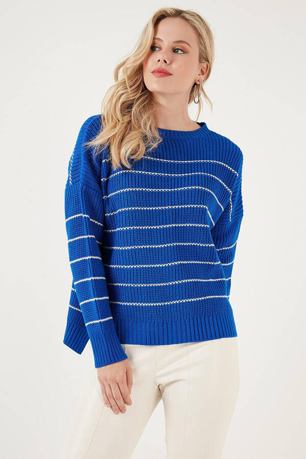 Striped Long Back Bike Neck Knit Sweater 4616133 - 9