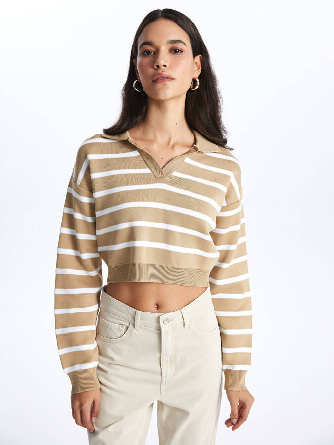 Striped Long Sleeve Crop Women's Knit Polo Sweater - 1